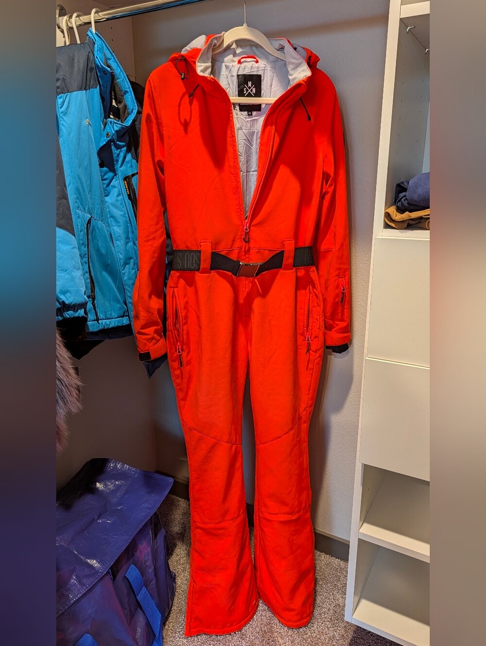 Women's Red/Orange One-Piece Ski Suits with Removable Hood + Belt ( Size M )